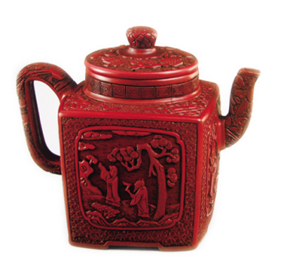 宜興窯時(shí)大彬款紫砂胎雕漆四方壺 明