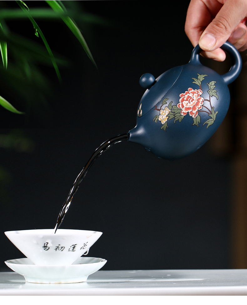 純手工紫砂壺，小巧琺瑯印花紫砂壺